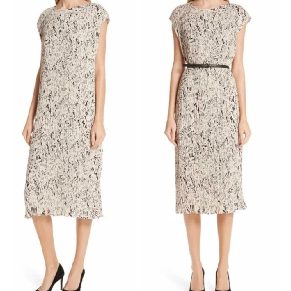 MaxMara Cream Rino Letter Print Pleated Dress Sz 8